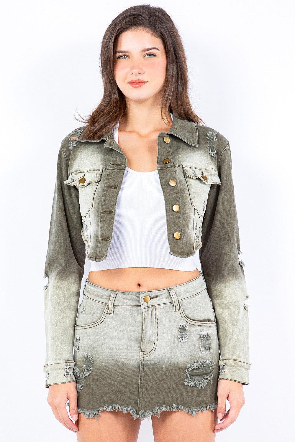 American Bazi Distressed Ombre Washed Cropped Denim Jacket Olive