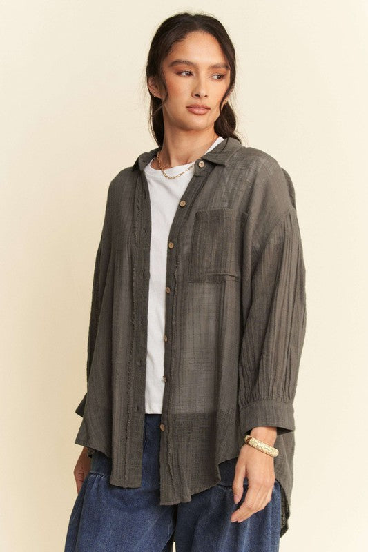 Davi & Dani High-Low Chest Pocket Button Up Shirt CHARCOAL