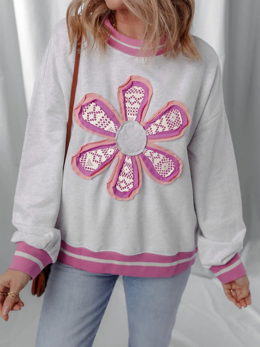 Flower Patch Contrast Trim Crew Neck Sweatshirt