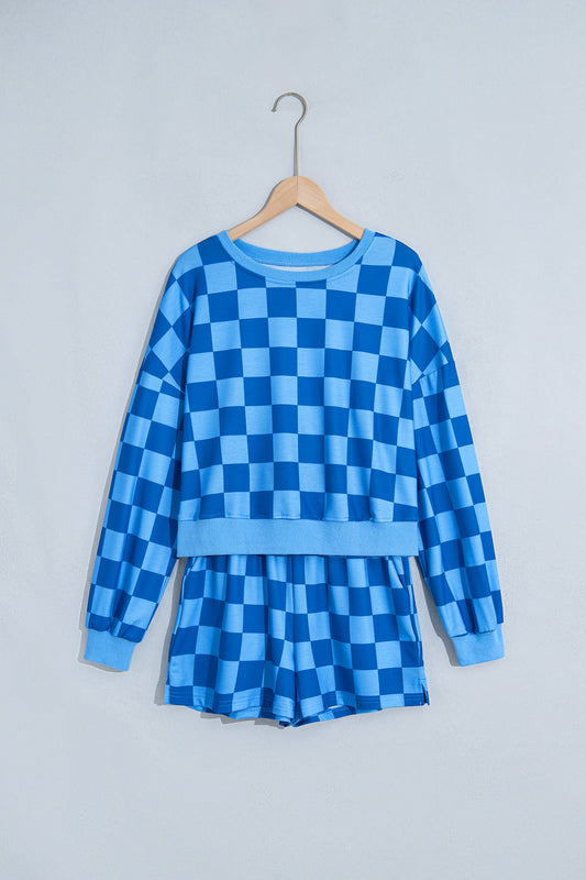 Checker Long Sleeve Crop Top & Shorts Set