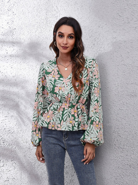 Floral V-Neck Balloon Sleeve Peplum Blouse Green