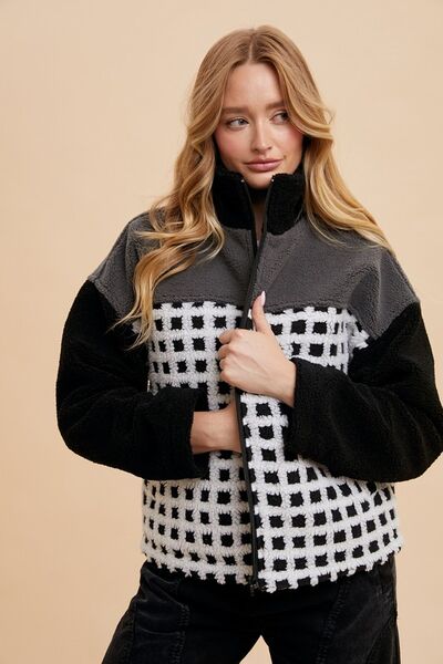 Annie Wear Plaid Zip Up Drop Shoulder Sherpa Jacket Ivory Black