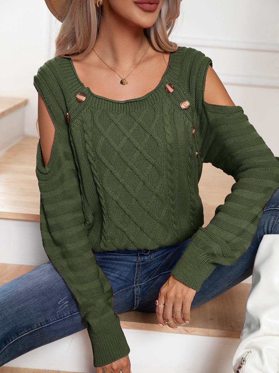 Decorative Button Cold-Shoulder Sweater Army Green
