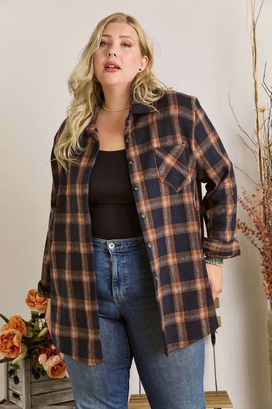 ADORA Full Size Button Down Flannel Shirt Plus Size