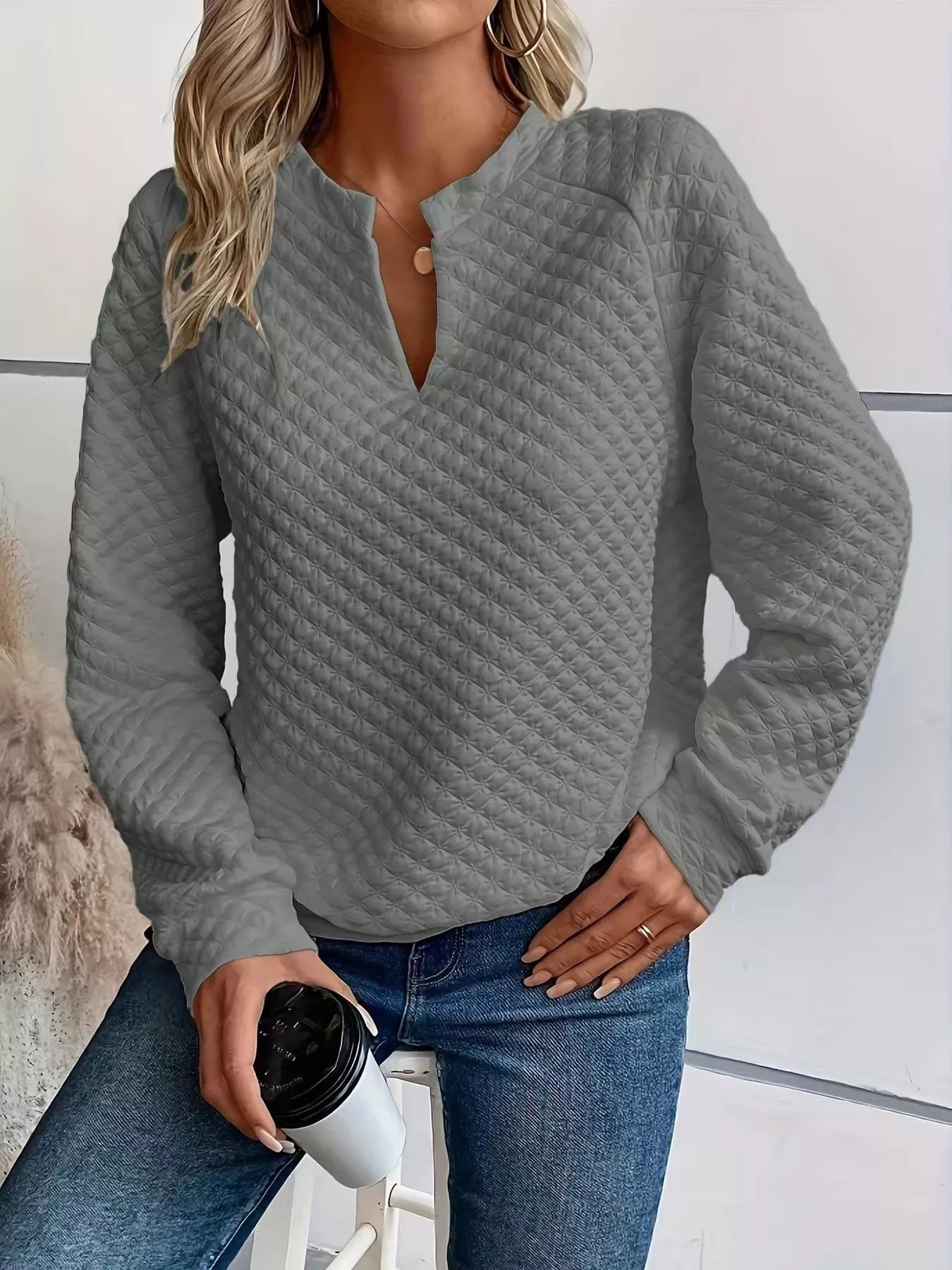 Quilted Texture Long Sleeve Sweatshirt with Notched Neck