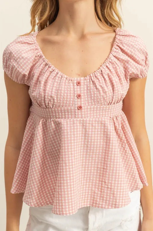 HYFVE Gingham Scoop Neck Cap Sleeve Blouse
