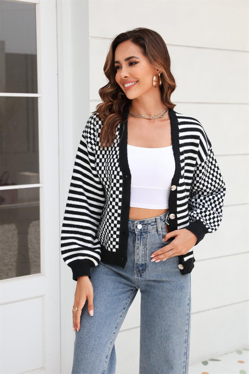 Angel Wings Button-Down Stripe & Plaid Contrast Pattern Cardigan Black