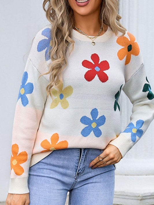 Angel Wings Flower Round Neck Long Sleeve Sweater White