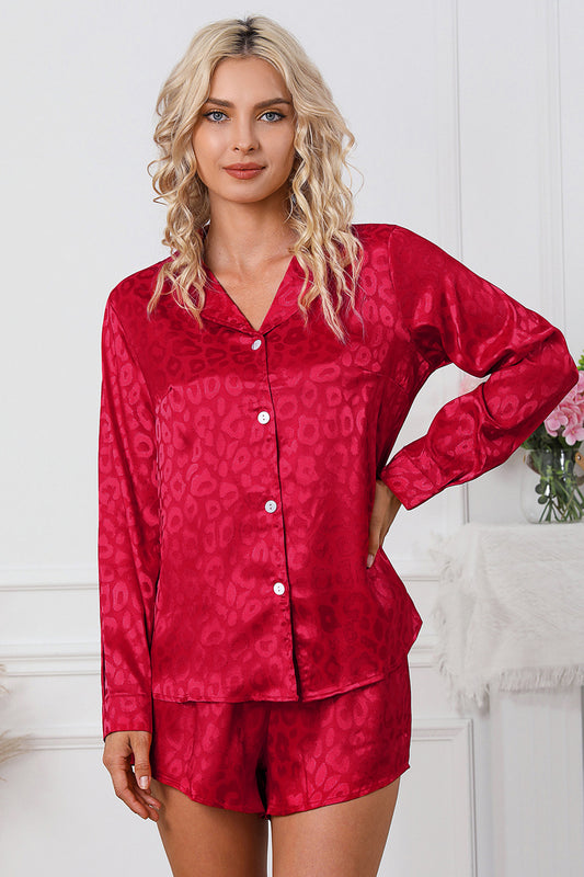 Long Sleeve Shirt and Shorts Lounge Set Red