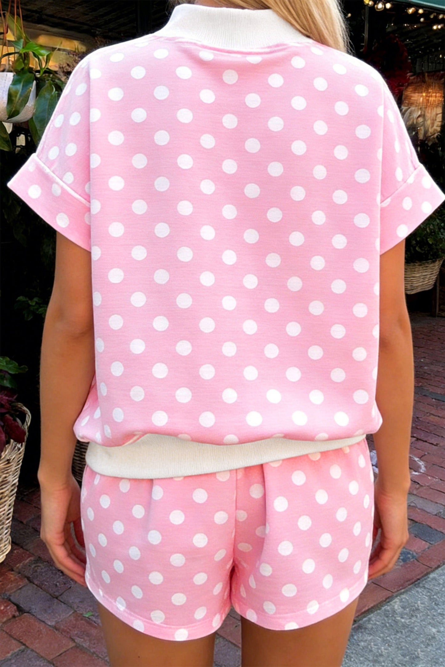 Polka Dot Colorblock Mock Neck & Shorts Set