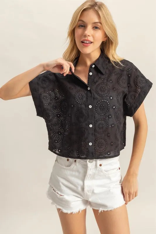 HYFVE Lightweight Eyelet Button Down Short Sleeve Shirt Black