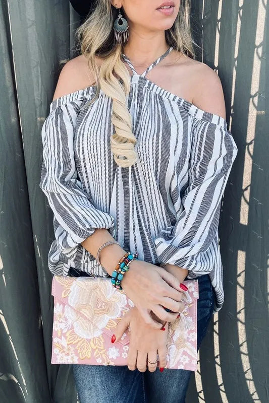 And The Why Stripe Printed Cold Shoulder Halter Neck Top OFF WHITE STRIPE