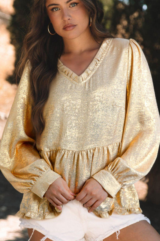 Frill Peplum V-Neck Long Sleeve Blouse Gold