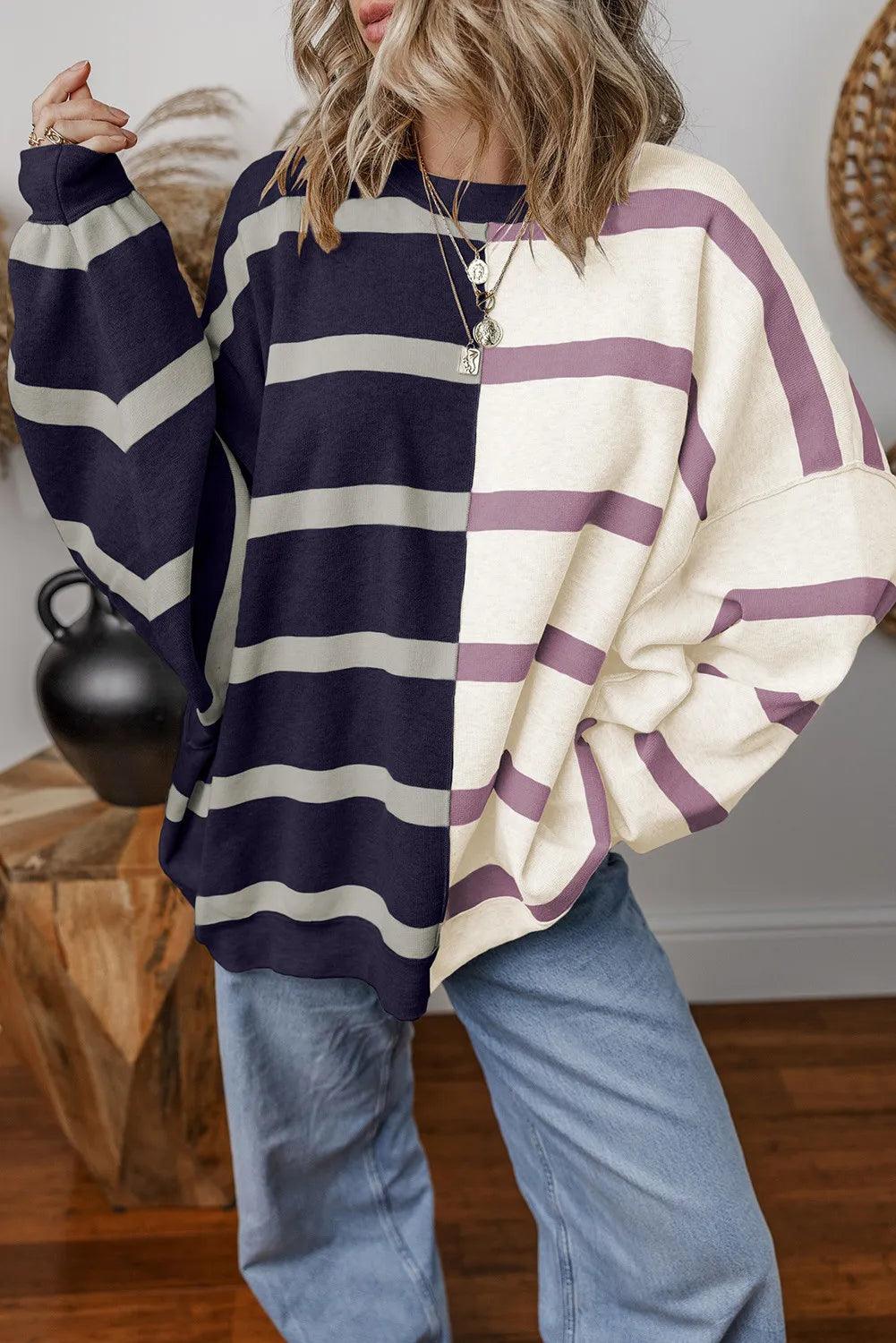 Striped Round Neck Long Sleeve Knit Top Dark Navy S