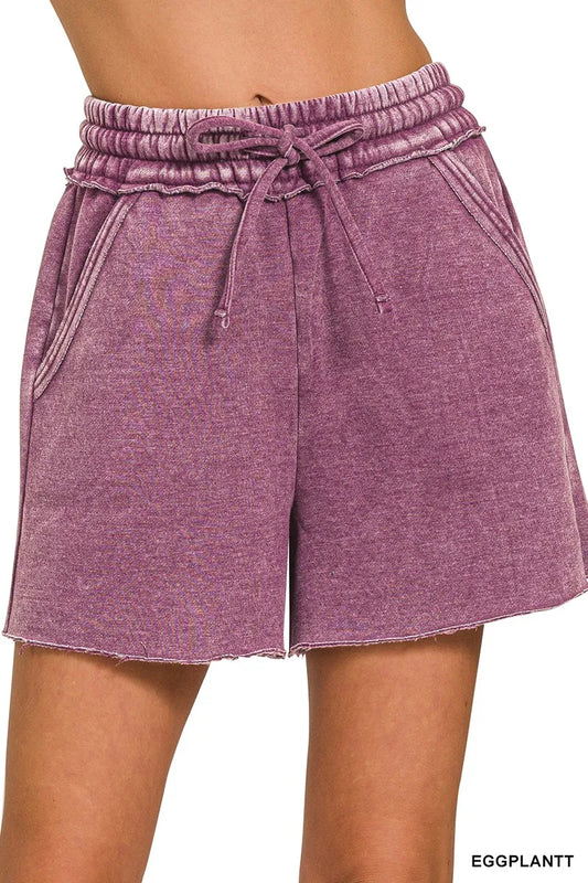 Zenana Acid Wash Fleece Drawstring Shorts With Pockets EGGPLANT
