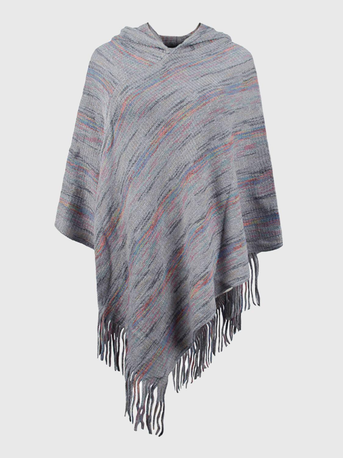 Fringe Hem Hooded Poncho Charcoal One Size