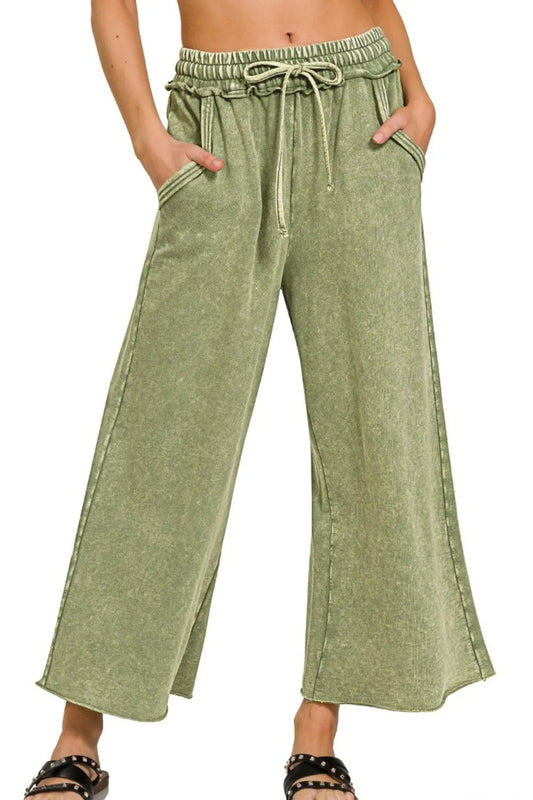 Zenana Washed French Terry Palazzo With Pockets LT OLIVE