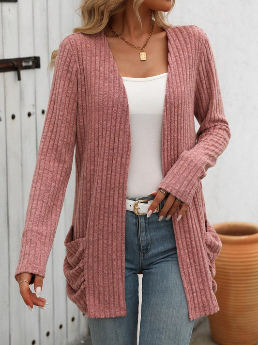 Mandy Open Front Long Sleeve Ribbed Cardigan Dusty Pink