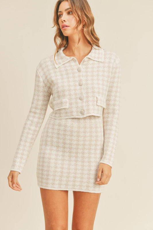 MABLE Houndstooth Cropped Knit Cardigan and Mini Skirt Set Dusty Pink