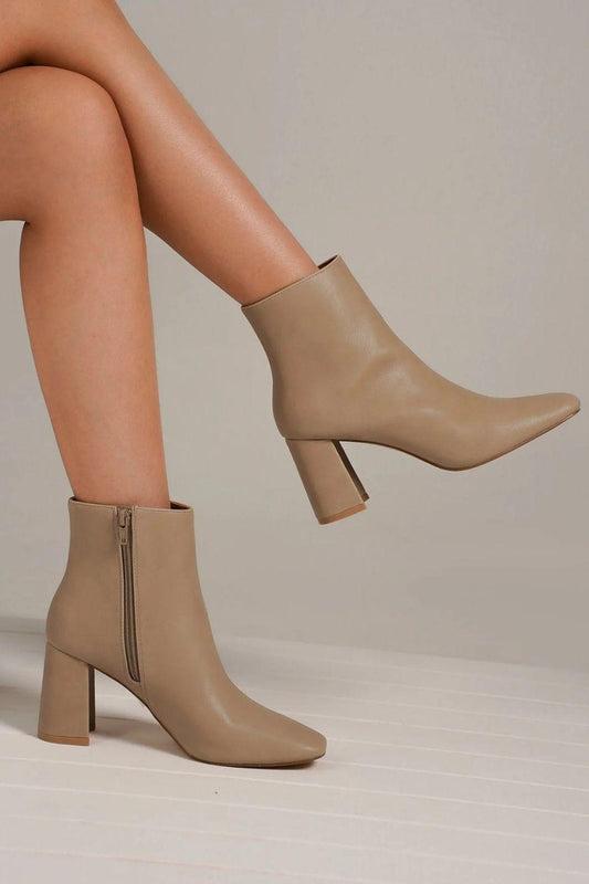 Beast Fashion PU Leather Block Heel Boots with Side Zippers Nude