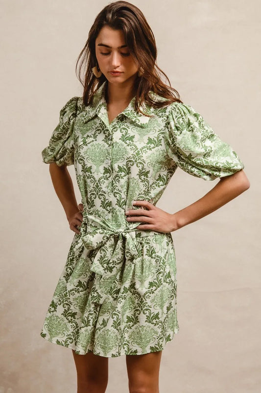 BiBi Tied Floral Short Sleeve Mini Shirt Dress GREEN CREAM