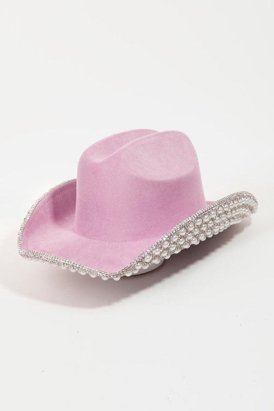 Fame Pave Rhinestone Pearl Trim Cowboy Hat Pink One Size