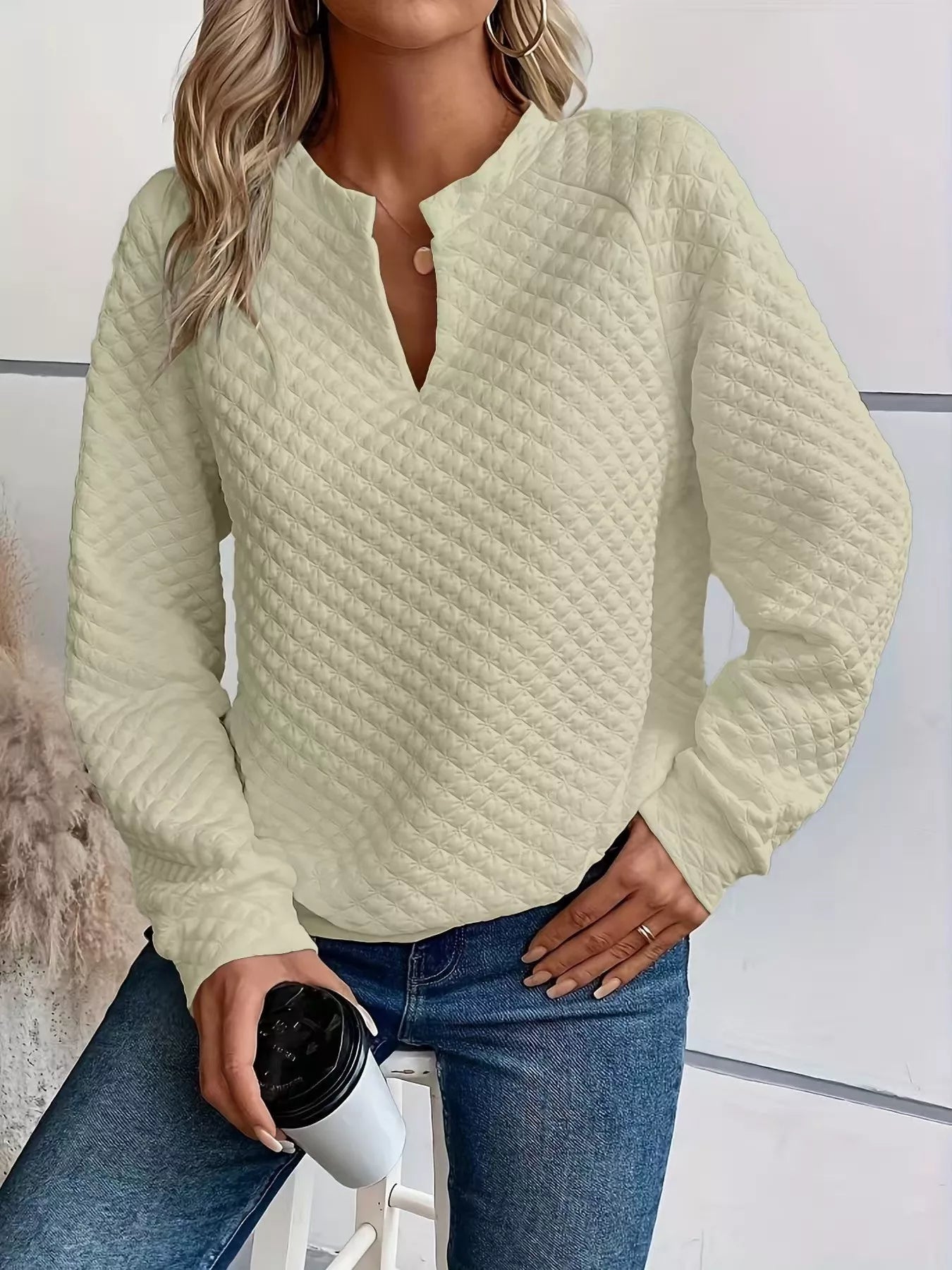 Quilted Texture Long Sleeve Sweatshirt with Notched Neck