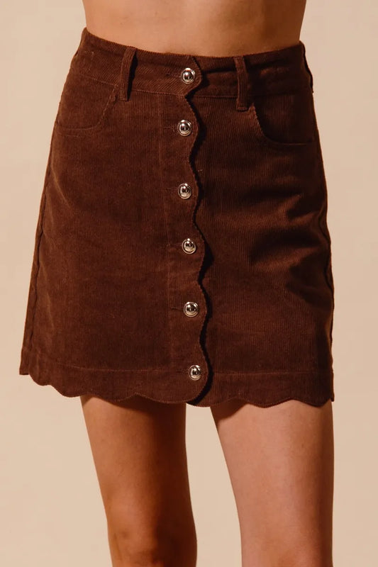 SO ME Scallop Buttoned Front Corduroy Mini Skirt MOCHA