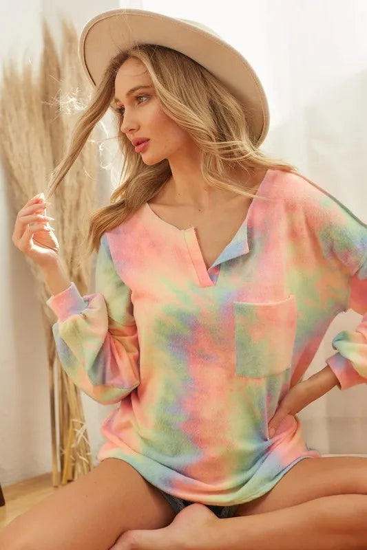 BiBi Brushed Tie Dye French Terry Top with Bubble Sleeves