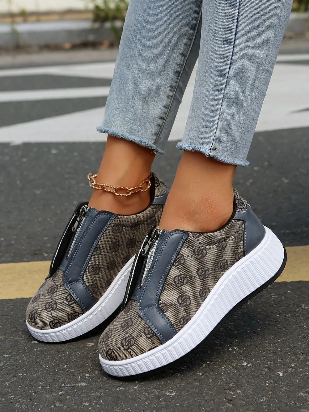Floral Round Toe Sneakers with Zip Olive Brown
