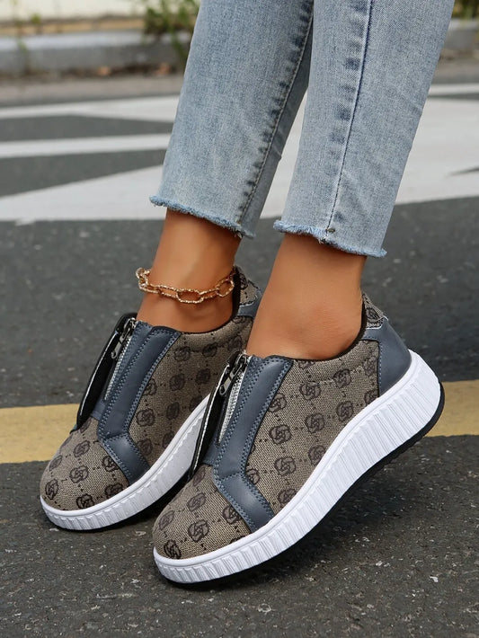 Floral Round Toe Sneakers with Zip Olive Brown