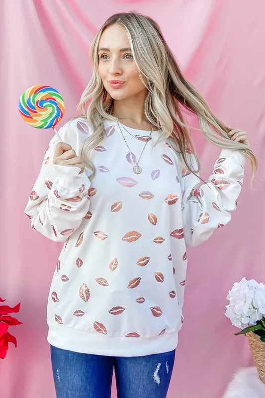And The Why Kiss Pink Foil Allover Print Pullover Sweatshirts