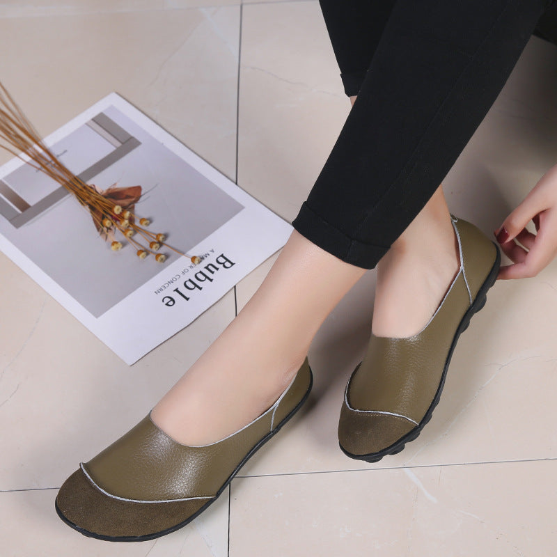 Women's Korean Casual Slip-On Loafers | Low Heel Round Toe Leather Shoes