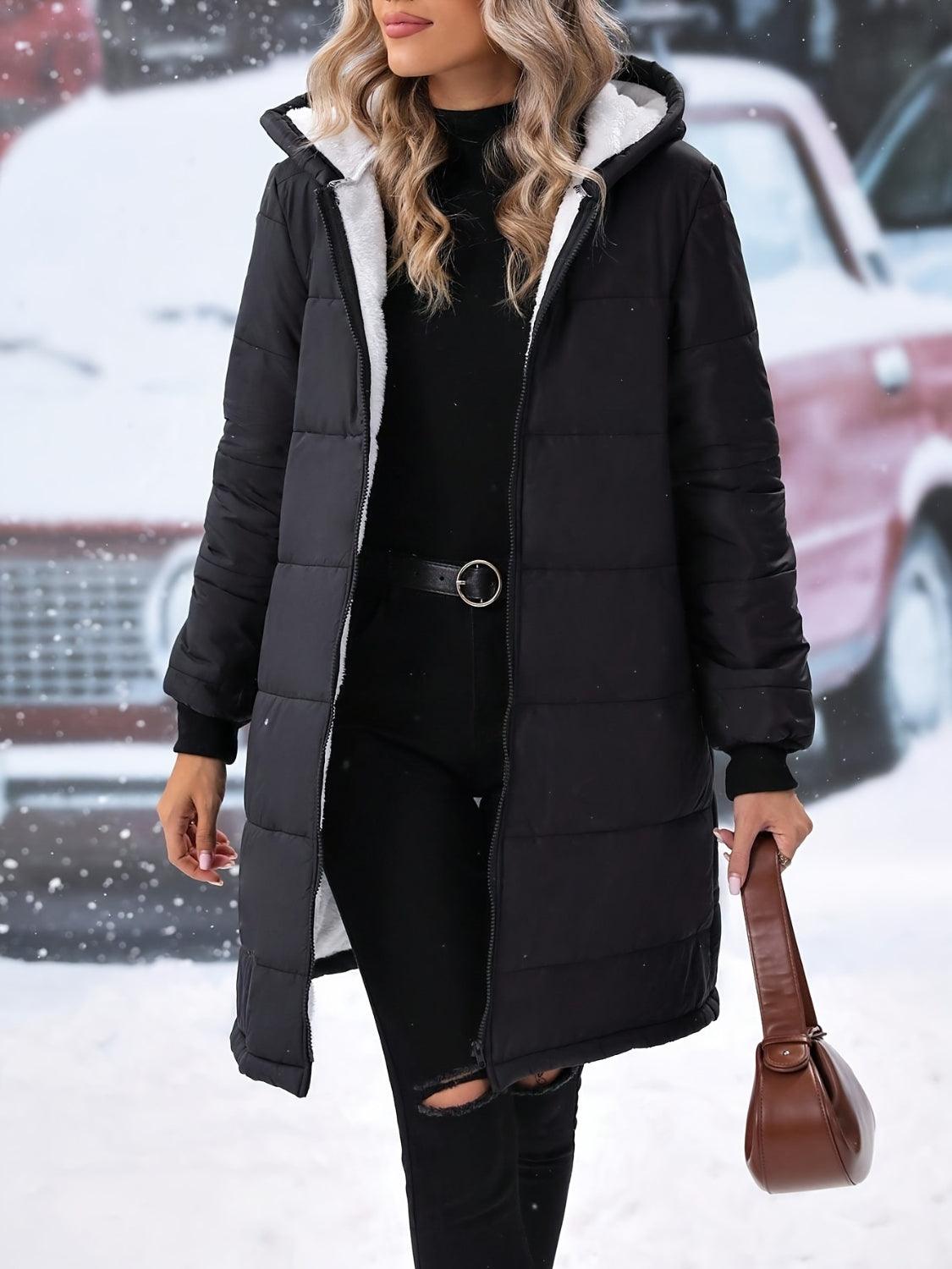 Plus Size Zip Up Hooded Winter Coat Black