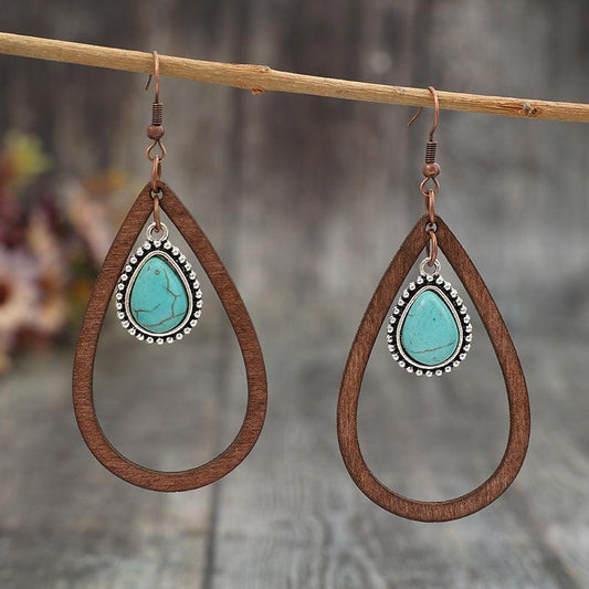 Wooden Turquoise Cutout Teardrop Earrings Brown One Size