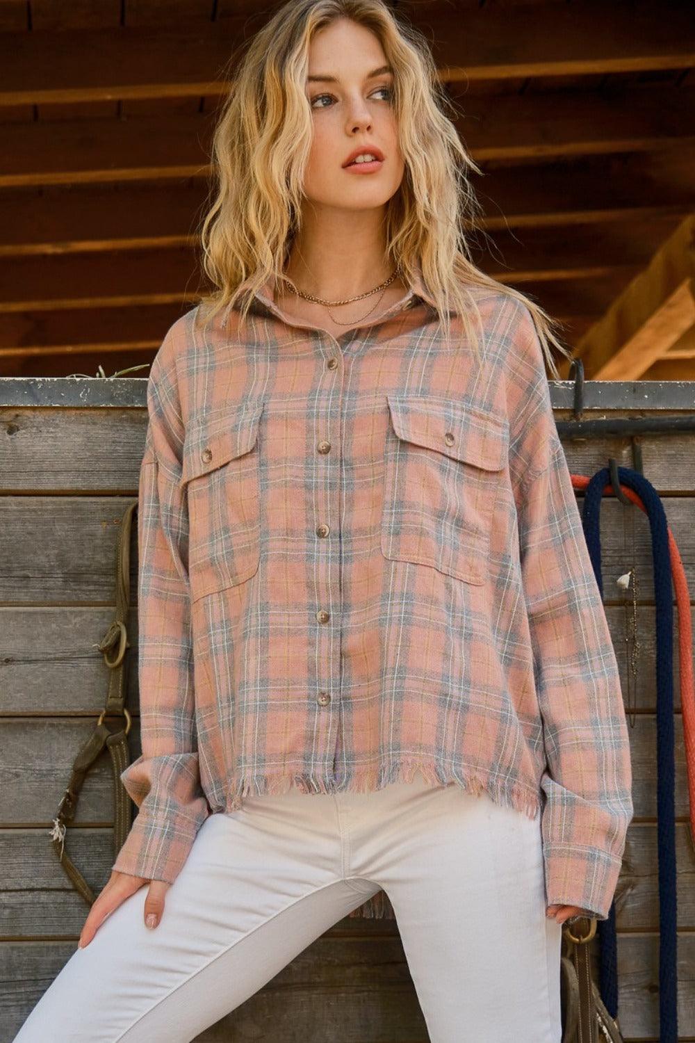 And The Why Full Size Plaid Button Up Raw Hem Shirt Pink