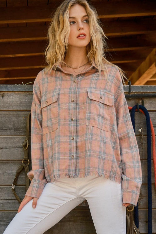 And The Why Full Size Plaid Button Up Raw Hem Shirt Pink
