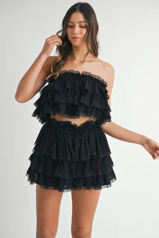 MABLE Ruffle Layered Crop Top and Mini Skirt Set Black