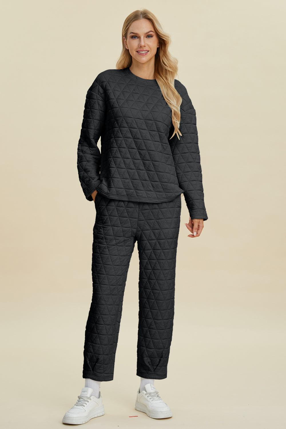 Double Take Full Size Texture Round Neck Long Sleeve Top and Pants Set Black