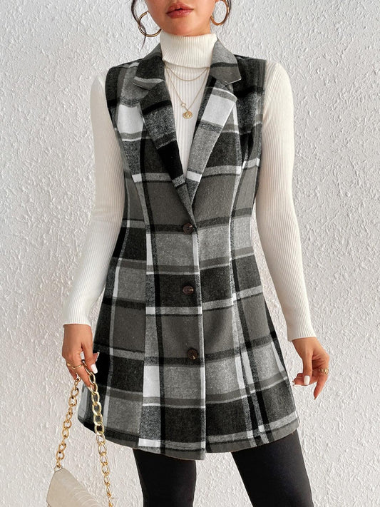 Honey Plaid Button Up Vest Coat Black