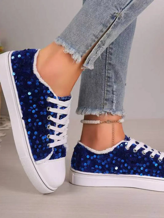 Sequin Round Toe Flat Sneakers Dark Blue