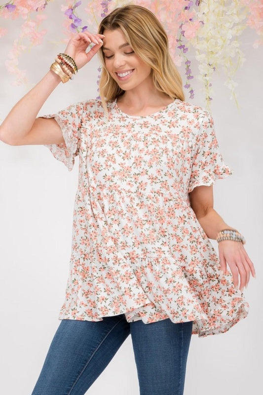 Celeste Full Size Floral Ruffled Short Sleeve Blouse Ivory Floral