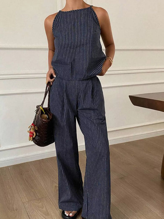 Striped Sleeveless Top and Wide-Leg Pants Set