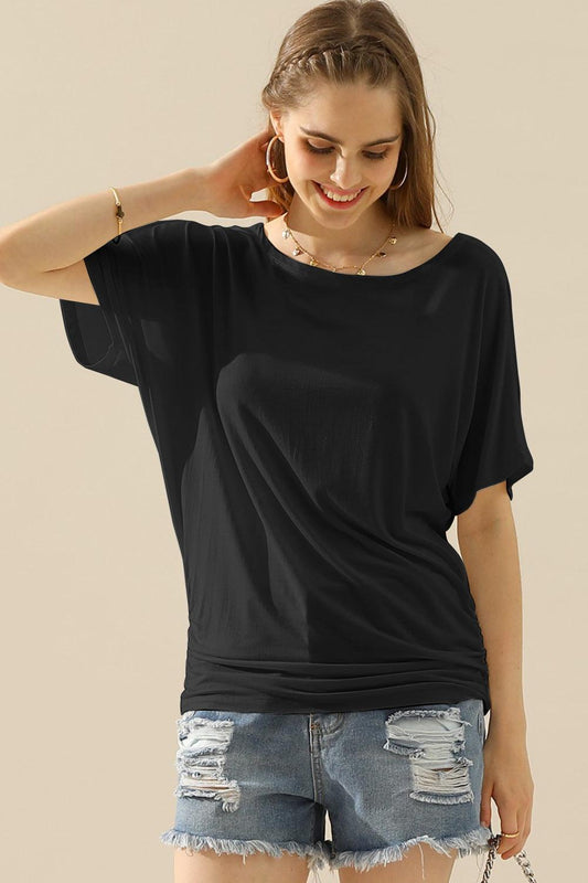 Ninexis Boat Neck Short Sleeve Ruched Side Top BLACK