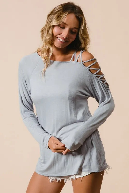 BiBi Jersey Knit One Shoulder Top with Criss Cross HEATHER GREY