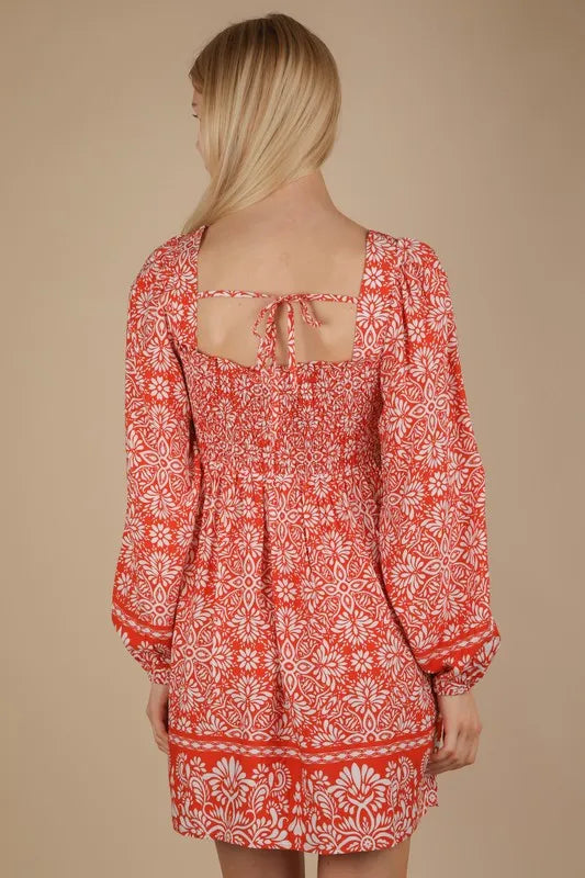 VERY J Printed Smocked Chest Boho Mini Dress