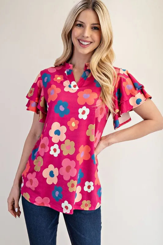 Celeste Bold Floral Ruffle Sleeve Top FUCHSIA FLORAL