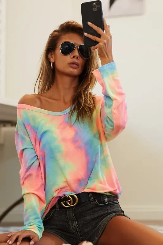 BiBi Tie Dye French Terry Long Sleeve Knit Top