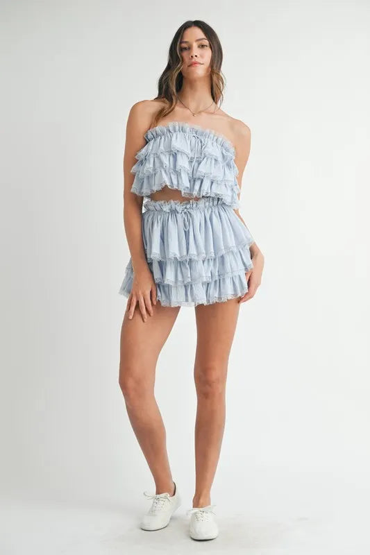 MABLE Ruffle Layered Crop Top and Mini Skirt Set