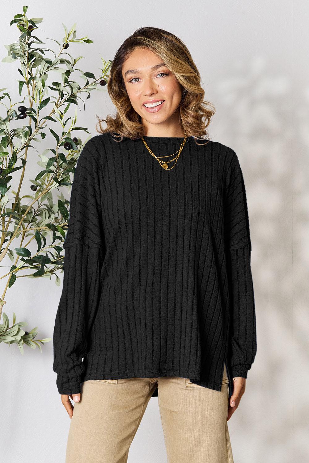 Basic Bae Full Size Ribbed Round Neck Slit Knit Top Black